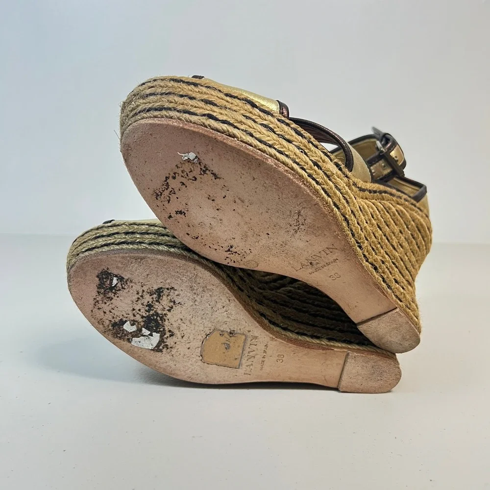 Lanvin Womens Wedge Espadrille Platform‎ Sandal Gold Brown Size 39 8
